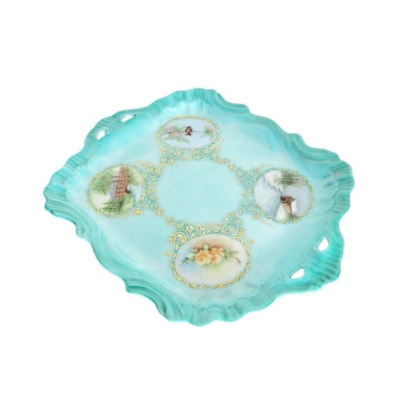 Vintage MCM Hand Painted Gold Victorian Trinket Dish Vanity Tray Signed 9" x 7" - Picture 4 of 7